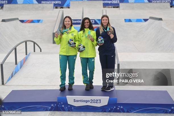 Brazil's Rayssa Leal , gold medal; Brazil's Pamela Leite Rosa , silver medal; and the US' Paige Genevieve Heyn, bronce medal, pose during the podium...