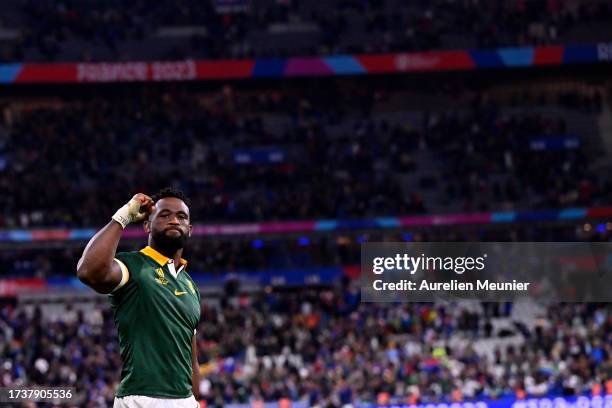 Siya Kolisi of South Africa salutes the fans after winning the Rugby World Cup France 2023 Quarter Final match between France and South Africa at...