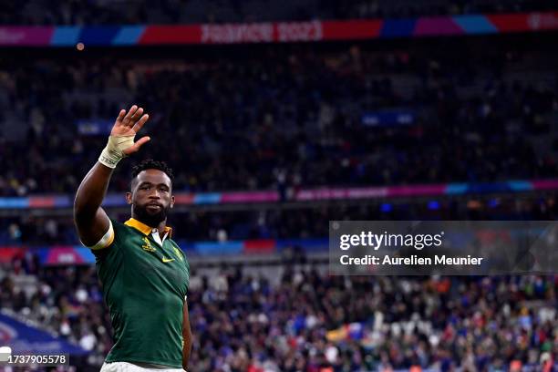 Siya Kolisi of South Africa salutes the fans after winning the Rugby World Cup France 2023 Quarter Final match between France and South Africa at...