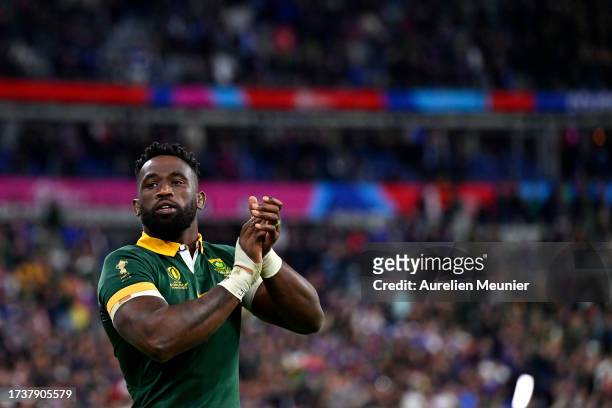 Siya Kolisi of South Africa salutes the fans after winning the Rugby World Cup France 2023 Quarter Final match between France and South Africa at...
