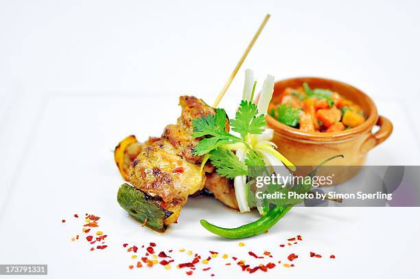 chicken skewers, papaya salsa - chicken skewers stockfoto's en -beelden