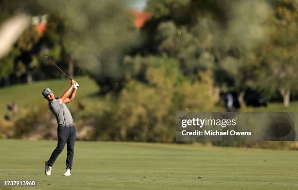 Ryan Moore of the United States plays a second shot on the 18th hole during the final round of the Shriners Children's Open at TPC Summerlin on...