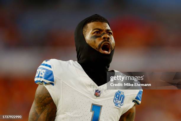 Cameron Sutton of the Detroit Lions reacts during the fourth quarter against the Tampa Bay Buccaneers at Raymond James Stadium on October 15, 2023 in...