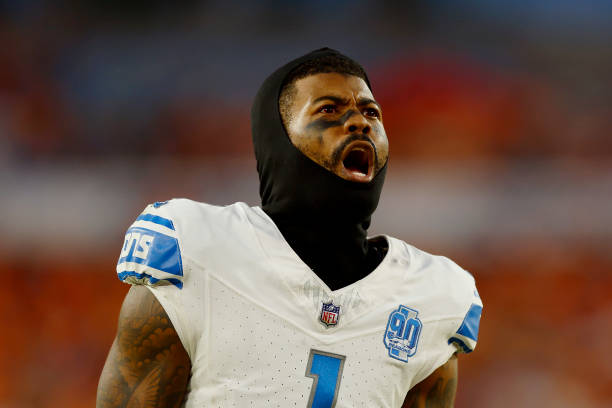 Cameron Sutton of the Detroit Lions reacts during the fourth quarter against the Tampa Bay Buccaneers at Raymond James Stadium on October 15, 2023 in...