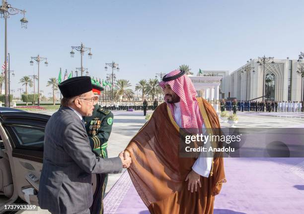 Saudi Arabian Crown Prince Mohammed bin Salman Al Saud receives Prime Minister of Malaysia, Anwar Ibrahim at Al Yamamah Palace in Riyadh, Saudi...