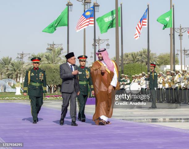 Saudi Arabian Crown Prince Mohammed bin Salman Al Saud receives Prime Minister of Malaysia, Anwar Ibrahim at Al Yamamah Palace in Riyadh, Saudi...