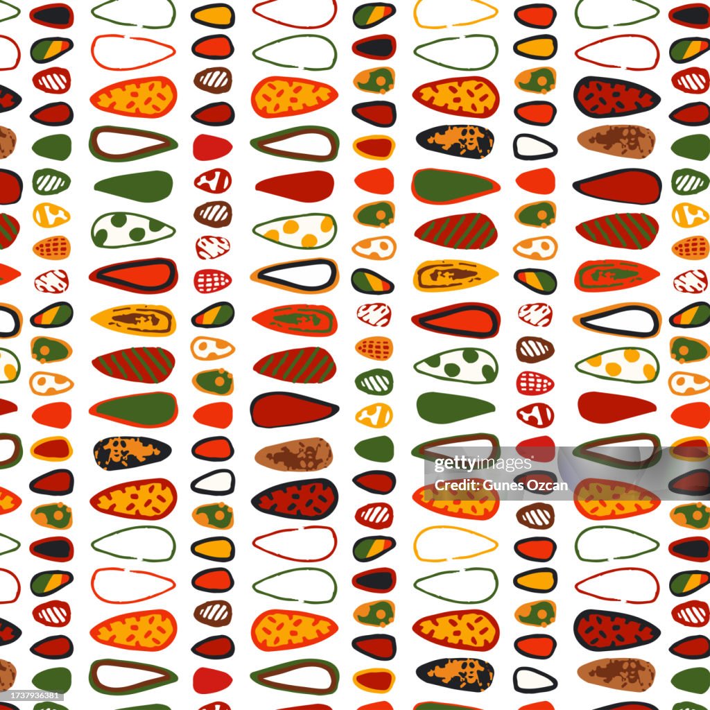 African clash ethnic tribal seamless pattern background. Vector red, yellow, green abstract shapes, square repeat lines backdrop for Black History Month, Juneteenth, Kwanzaa print, banner, wallpaper stock illustration