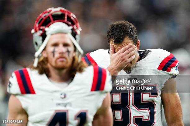 Hunter Henry of the New England Patriots reacts after his team's 21-17 loss against the Las Vegas Raiders at Allegiant Stadium on October 15, 2023 in...