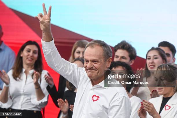 The leader of Civic Coalition , Donald Tusk celebrates the exit poll results during Poland's Parliamentary elections on October 15, 2023 in Warsaw,...