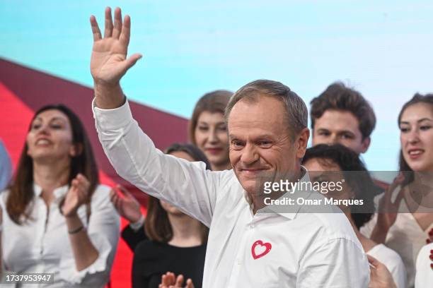 The leader of Civic Coalition , Donald Tusk celebrates the exit poll results during Poland's Parliamentary elections on October 15, 2023 in Warsaw,...