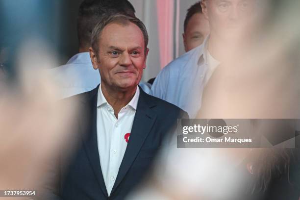 The leader of Civic Coalition , Donald Tusk celebrates the exit poll results during Poland's Parliamentary elections on October 15, 2023 in Warsaw,...