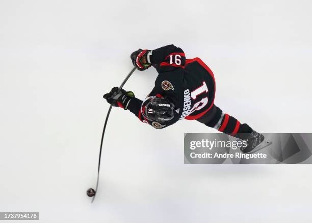 Vladimir Tarasenko of the Ottawa Senators shoots the puck during warmup prior to a game against the Detroit Red Wings at Canadian Tire Centre on...