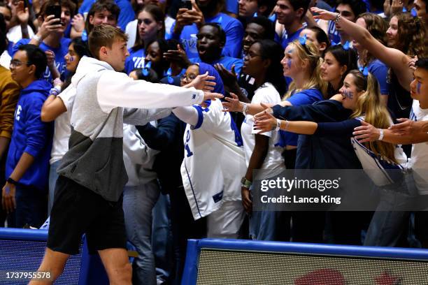 High school basketball player Cooper Flagg attends the Duke Blue Devils' Countdown to Craziness at Cameron Indoor Stadium on October 20, 2023 in...