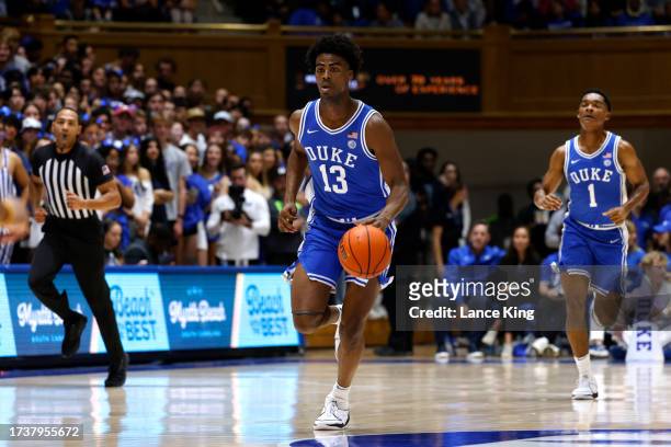 Sean Stewart of the Duke Blue Devils dribbles up court in their scrimmage game during Countdown to Craziness at Cameron Indoor Stadium on October 20,...