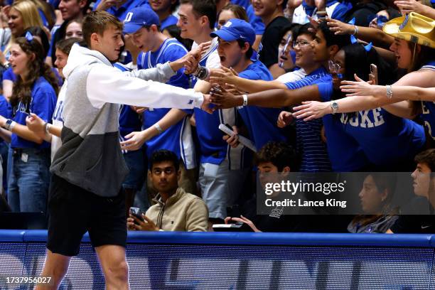 High school basketball player Cooper Flagg attends the Duke Blue Devils' Countdown to Craziness at Cameron Indoor Stadium on October 20, 2023 in...