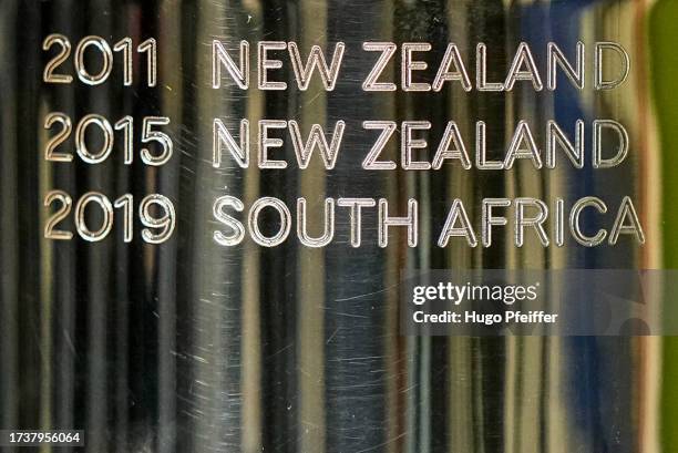 Illustration of Latest Rugby World Cup winners engrave on Webb Ellis Cup during the Rugby World Cup Semi-final match between England and South Africa...