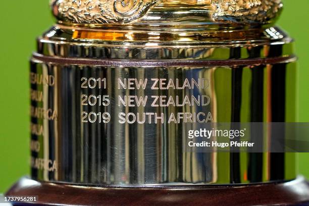 Illustration of Latest Rugby World Cup winners engrave on Webb Ellis Cup during the Rugby World Cup Semi-final match between England and South Africa...
