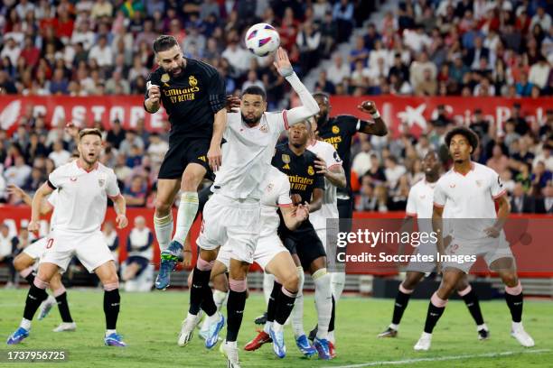 Dani Carvajal of Real Madrid scores the second goal to make it 1-1 during the LaLiga EA Sports match between Sevilla v Real Madrid at the Estadio...