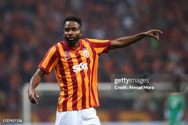 Cédric Bakambu gestures during the Super Lig match between Galatasaray and Besiktas at RAMS Park on October 21, 2023 in Istanbul, Turkey.