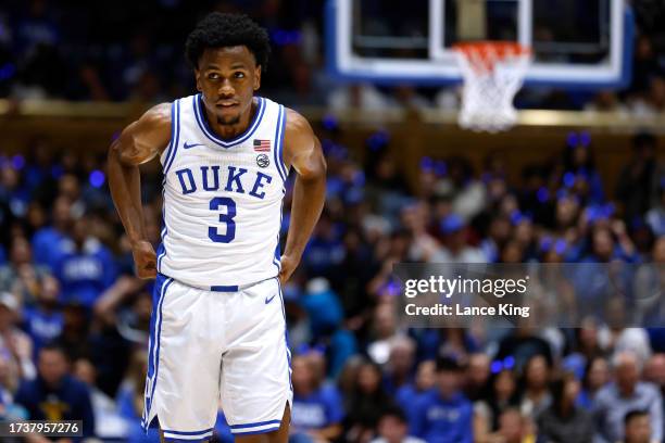 Jeremy Roach of the Duke Blue Devils looks on in their scrimmage game during Countdown to Craziness at Cameron Indoor Stadium on October 20, 2023 in...