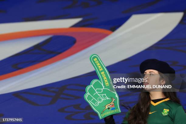 South African supporter cheers on their team from the stands ahead of the France 2023 Rugby World Cup semi-final match between England and South...