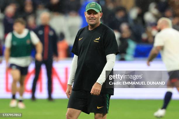 South Africa's head coach Jacques Nienaber looks on ahead of the France 2023 Rugby World Cup semi-final match between England and South Africa at the...