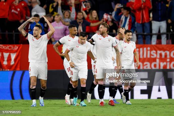 Lucas Ocampos of Sevilla FC celebrates 1-0 with Djibril Sow of Sevilla FC, Marcos Acuna of Sevilla FC, Sergio Ramos of Sevilla FC during the LaLiga...