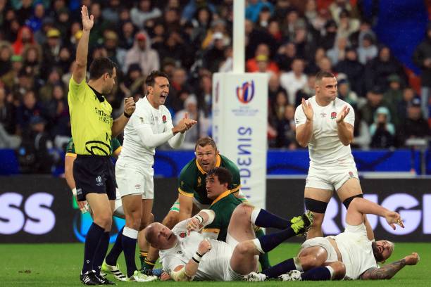 New Zealand referee Ben O'Keeffe awards a penalty to England during the France 2023 Rugby World Cup semi-final match between England and South Africa...