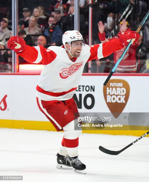 David Perron of the Detroit Red Wings celebrates his second period goal against the Ottawa Senators at Canadian Tire Centre on October 21, 2023 in...