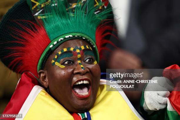 South African supporter Joy Chauke "Mama Joy" cheers on her team from the stands ahead of the France 2023 Rugby World Cup semi-final match between...