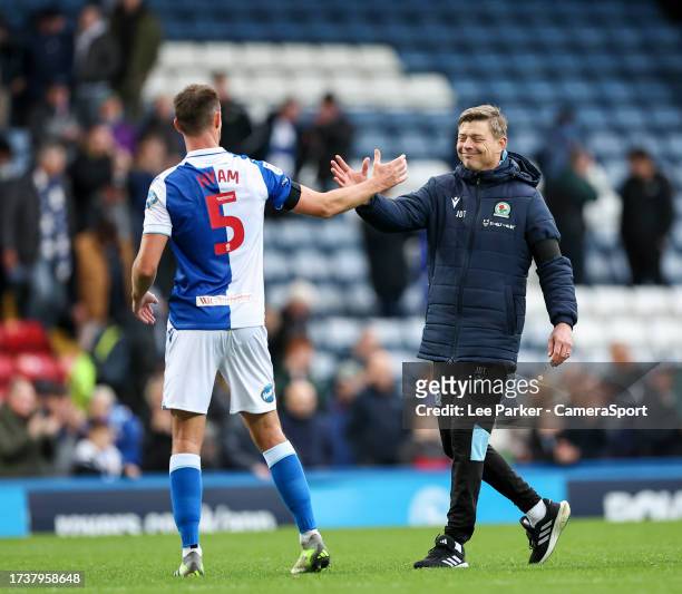Blackburn Rovers manager Jon Dahl Tomasson celebrates with Dominic Hyam at the end of the match during the Sky Bet Championship match between...