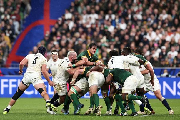 South Africa's lock Franco Mostert holds up a maul during the France 2023 Rugby World Cup semi-final match between England and South Africa at the...