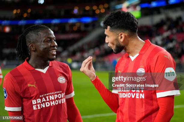 Johan Bakayoko of PSV, Ricardo Pepi of PSV during the Dutch Eredivisie match between PSV v Fortuna Sittard at the Philips Stadium on October 21, 2023...