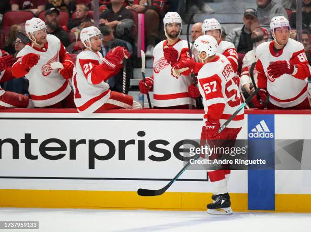 David Perron of the Detroit Red Wings celebrates his second period goal against the Ottawa Senators with teammates at the players' bench at Canadian...