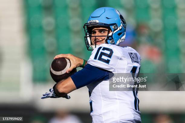 Chad Kelly of the Toronto Argonauts throws a pass in warmups before the game between the Toronto Argonauts and Saskatchewan Roughriders at Mosaic...