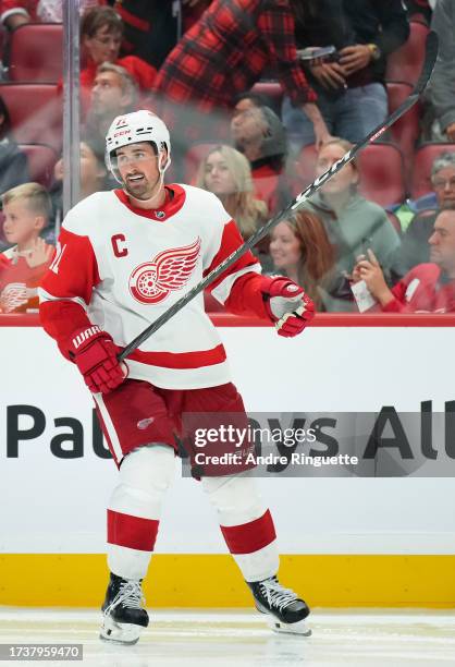 Dylan Larkin of the Detroit Red Wings celebrates his third period goal against against the Ottawa Senators at Canadian Tire Centre on October 21,...