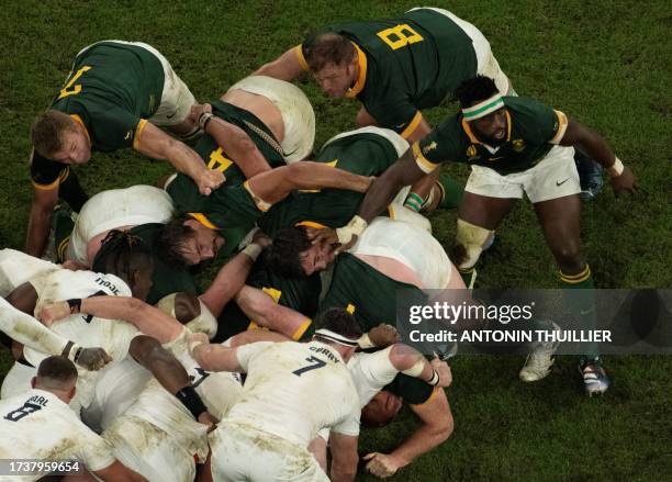 South Africa's number eight Duane Vermeulen and South Africa's flanker Siya Kolisi react after a scrum during the France 2023 Rugby World Cup...