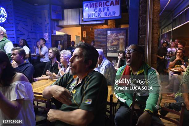 South African supporters react during during the France 2023 Rugby World Cup semi-final match between England and South Africa played at the Stade de...
