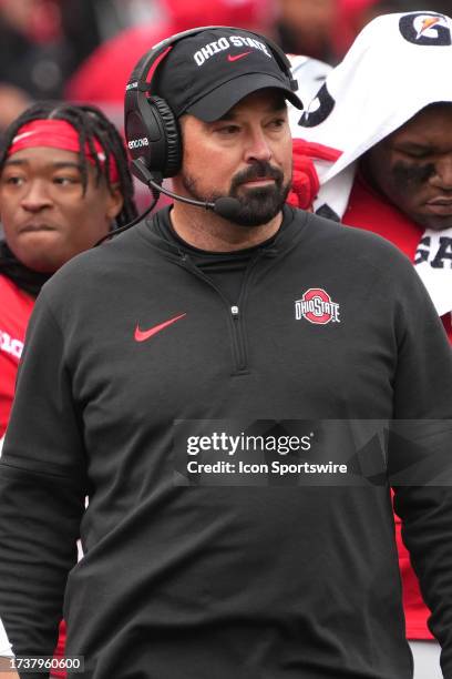 Head coach Ryan Day of the Ohio State Buckeyes during the game against the Penn State Nittany Lions at Ohio Stadium in Columbus, Ohio on October 21,...