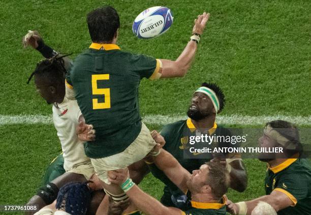 South Africa's lock Franco Mostert and England's lock Maro Itoje compete for the ball in a lineout as South Africa's blindside flanker and captain...