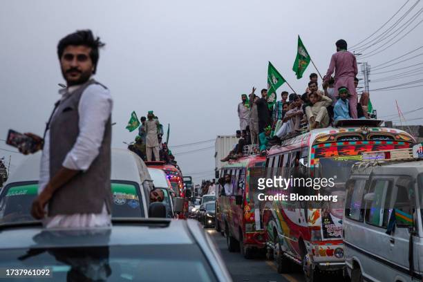 Supporters during a welcome rally for former Pakistan Prime Minister Nawaz Sharif in Lahore, Punjab, Pakistan, on Saturday, Oct. 21, 2023. Four years...
