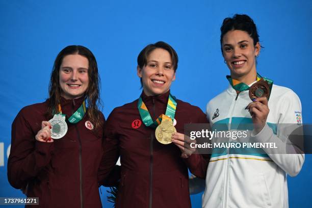 Canada's Rachel Nicol , gold medal; Canada's Sophie Angus , silver medal; and Argentina's Macarena Ceballos , bronze medal; pose during the podium...