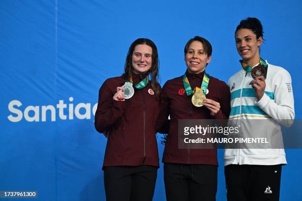Canada's Rachel Nicol , gold medal; Canada's Sophie Angus , silver medal; and Argentina's Macarena Ceballos , bronze medal; pose during the podium...