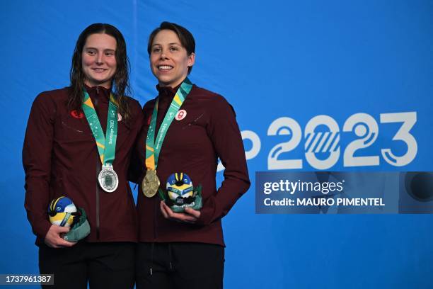 Canada's Rachel Nicol , gold medal; and Canada's Sophie Angus , silver medal; pose during the podium ceremony of the women's 100m breaststroke final...