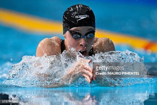 Canada's Rachel Nicol competes in the women's 100m breaststroke final A swimming event of the Pan American Games Santiago 2023, at the Aquatics...