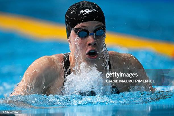 Canada's Rachel Nicol competes in the women's 100m breaststroke final A swimming event of the Pan American Games Santiago 2023, at the Aquatics...