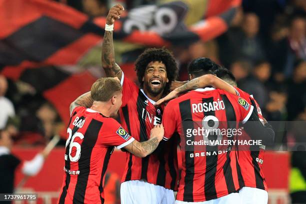 Nice's Brazilian defender Dante celebrates after winning the French L1 football match between OGC Nice and Marseille OM at the Allianz Riviera...