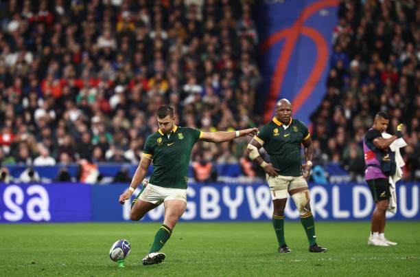 South Africa's fly-half Handre Pollard hits and converts a penalty kick leading to South Africa winning the France 2023 Rugby World Cup semi-final...