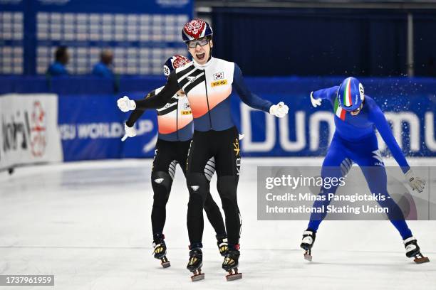 Hwang Daeheon of the Republic of Korea reacts after finishing first in the men's 1500 m final during the ISU World Cup Short Track at Maurice Richard...