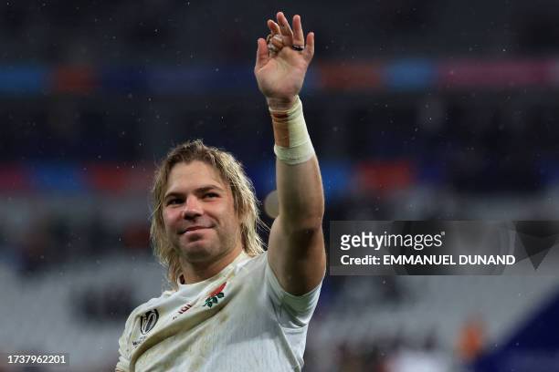 South Africa's scrum-half Faf de Klerk, wearing an England jersey, gestures after South Africa won the France 2023 Rugby World Cup semi-final match...